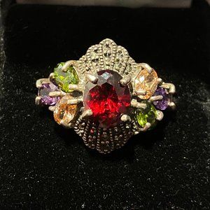 925 Sterling Silver Multicolor CZ Marcasite Ring 7